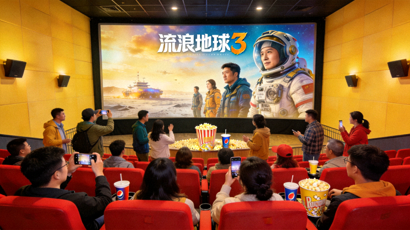 电影院巨幕展示热门电影海报 - 多人观影场景